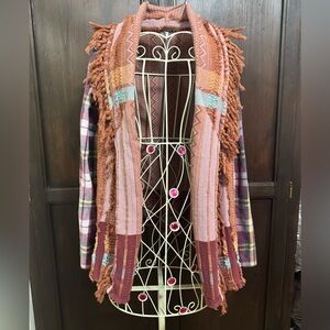 Gimmicks Pieced Fringe Open Front Sweater Fringe flannel Sleeves Size Large